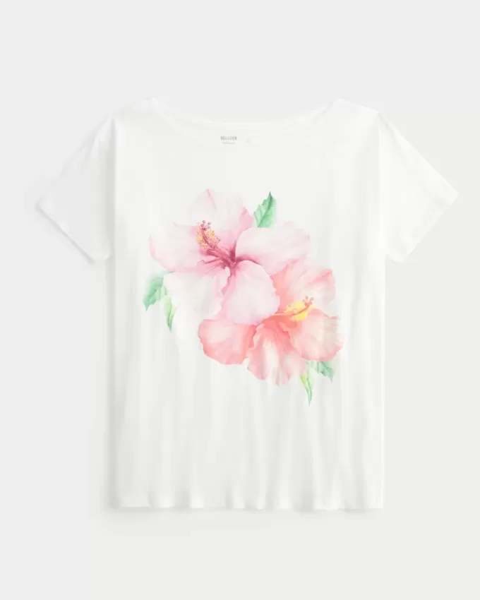 Off-the-Shoulder Hibiscus Graphic Tee