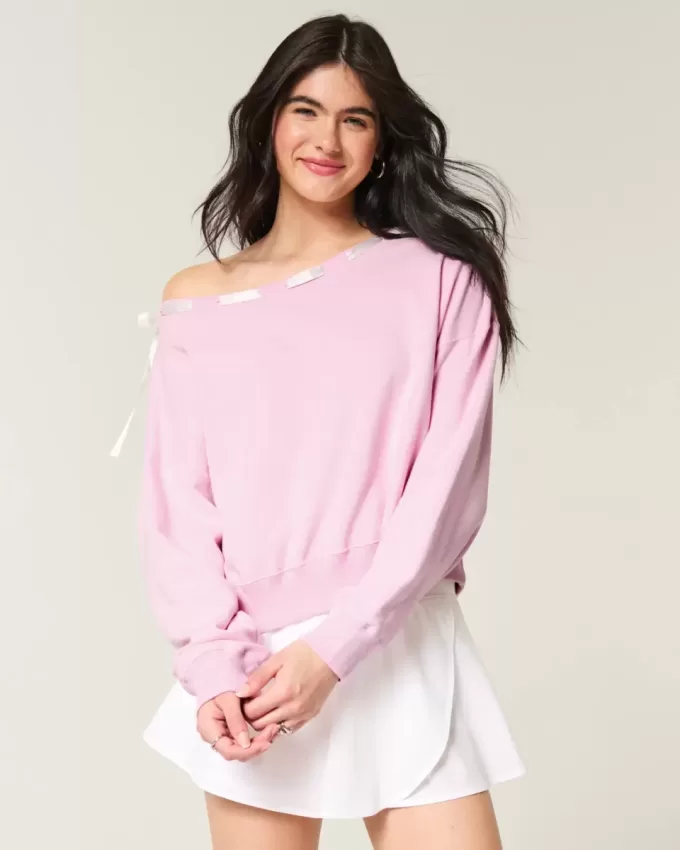 Off-the-Shoulder Tie Sweatshirt
