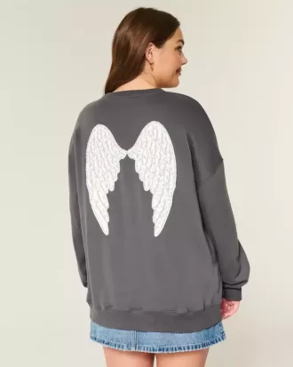 Oversized Angel Wings Graphic Crew Sweatshirt