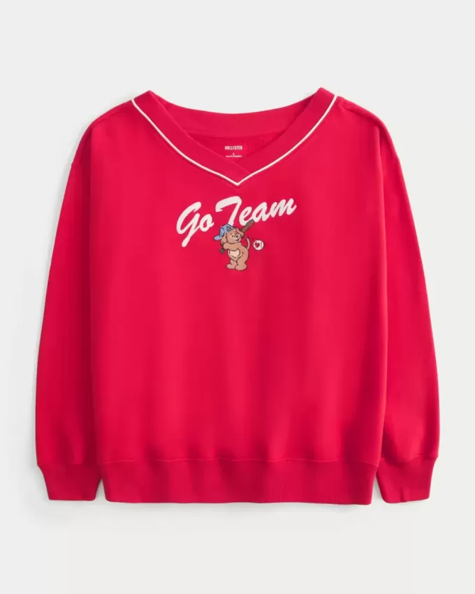 Oversized Go Team Graphic V-Neck Sweatshirt
