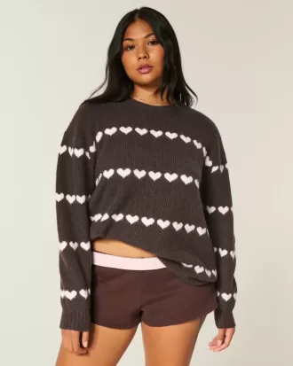 Oversized Heart Pattern Crew Sweater