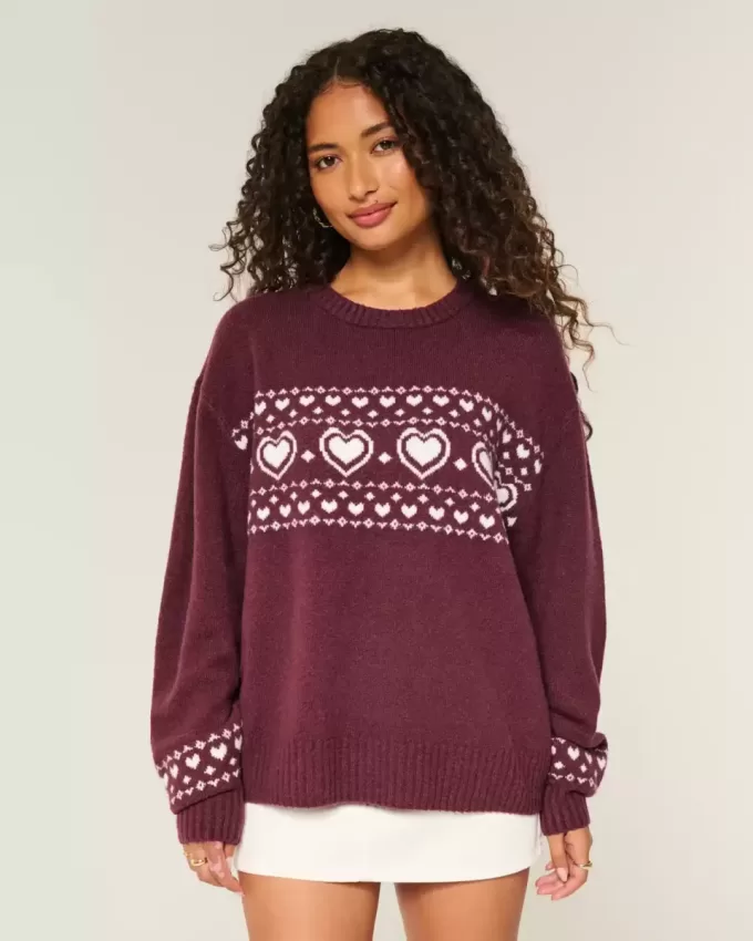 Oversized Heart Pattern Crew Sweater