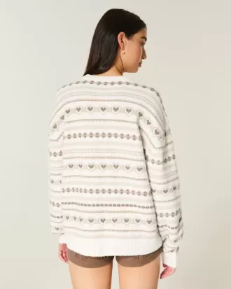 Oversized Heart Pattern Crew Sweater
