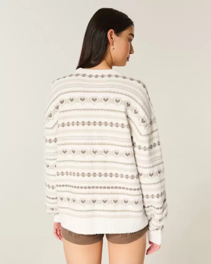 Oversized Heart Pattern Crew Sweater