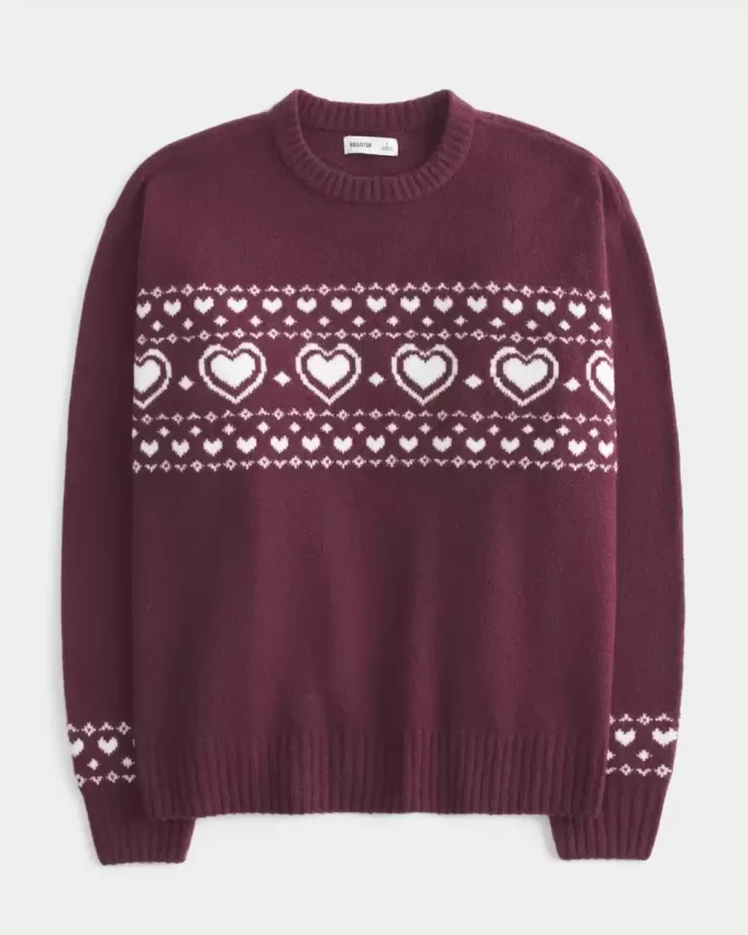 Oversized Heart Pattern Crew Sweater