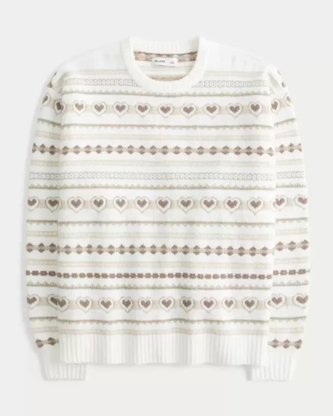 Oversized Heart Pattern Crew Sweater
