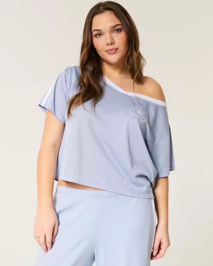 Oversized Off-the-Shoulder Varsity Graphic Jersey