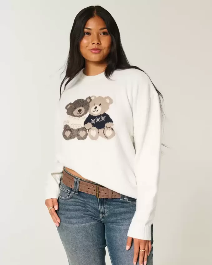 Oversized Teddy Bear Graphic Crew Sweater