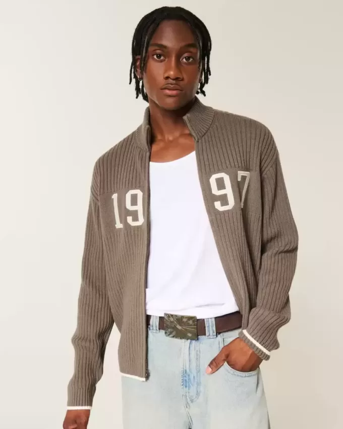 Relaxed Number Graphic Zip-Up Sweater