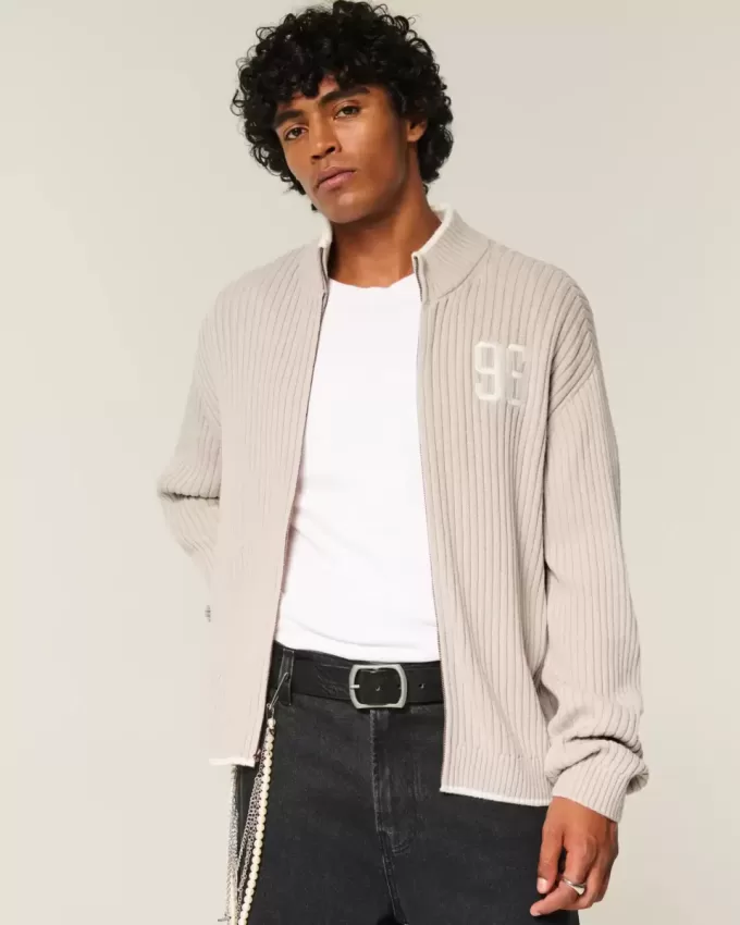 Relaxed Number Graphic Zip-Up Sweater