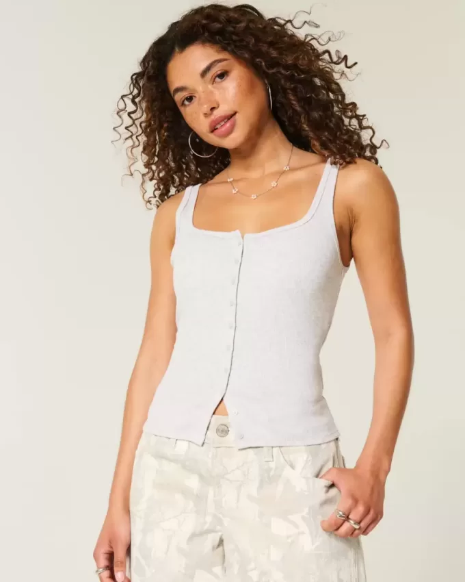 Ribbed Button-Through Square-Neck Tank Ribbed Button-Through Square-Neck Tank