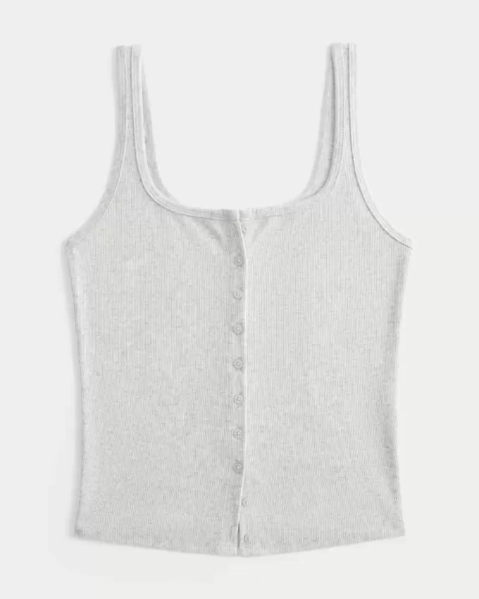Ribbed Button-Through Square-Neck Tank Ribbed Button-Through Square-Neck Tank