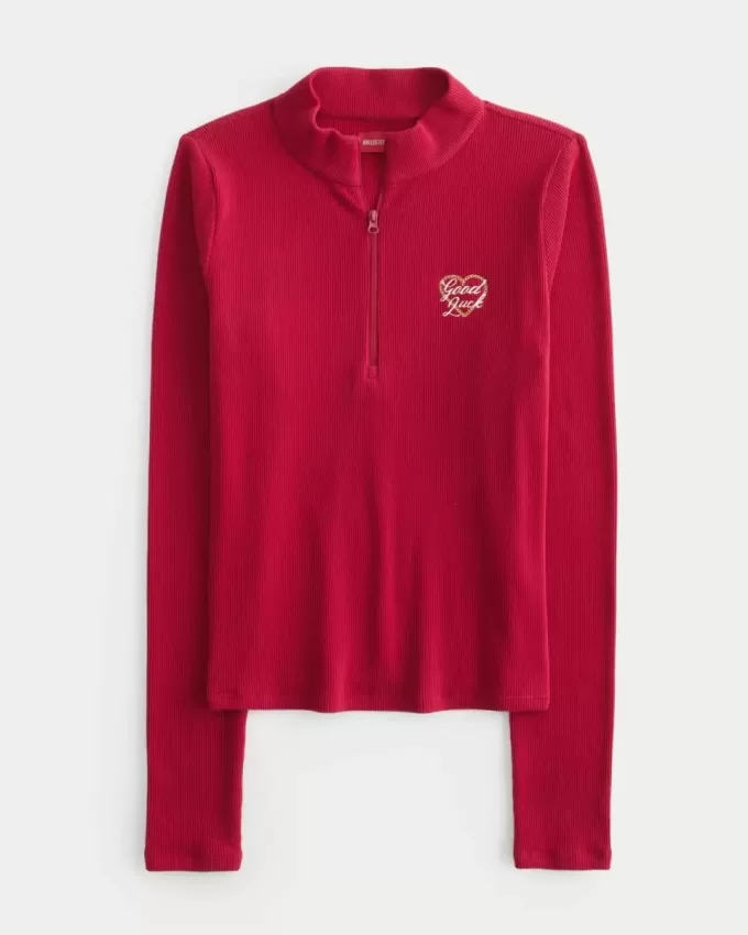 Ribbed Lunar New Year Graphic Half-Zip Top Ribbed Lunar New Year Graphic Half-Zip Top