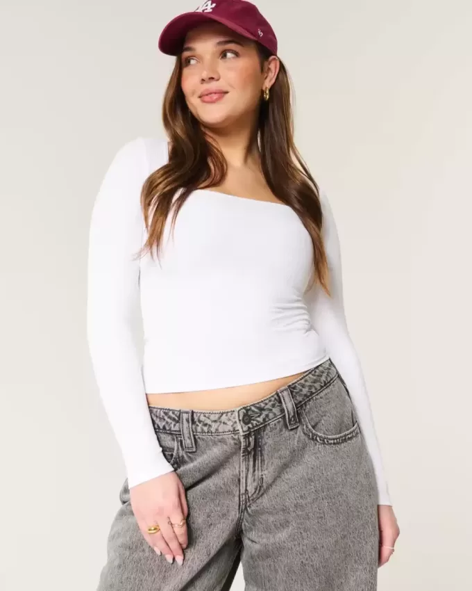 Ribbed Seamless Fabric Square-Neck Top