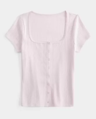 Short-Sleeve Button-Through Pointelle Top