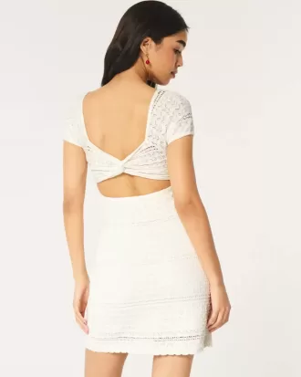 Short-Sleeve Crochet-Style Twist Back Mini Dress