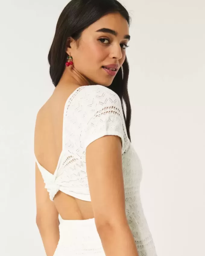 Short-Sleeve Crochet-Style Twist Back Mini Dress