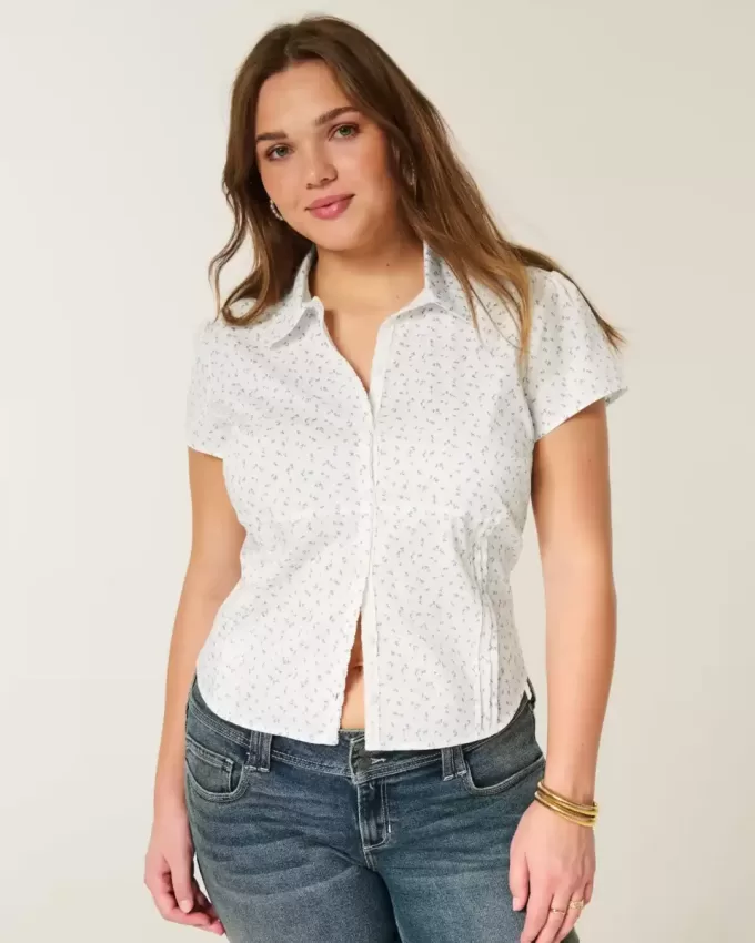 Short-Sleeve Stretch Poplin Button-Through Shirt