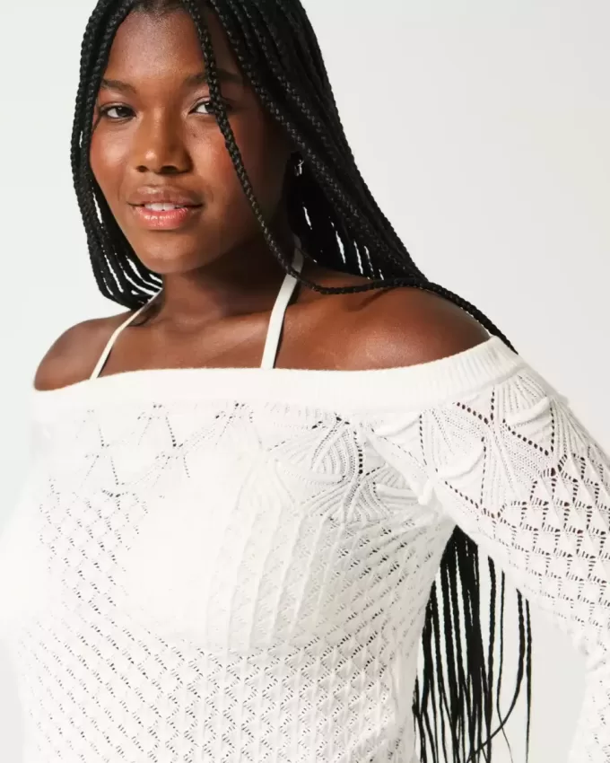 Stitchy Crochet-Style Off-the-Shoulder Sweater