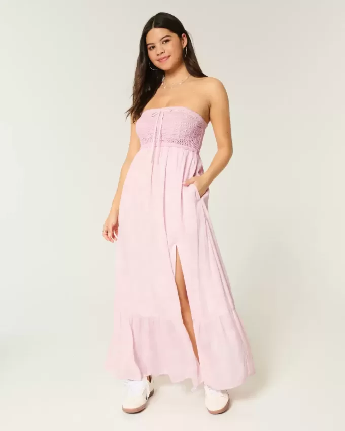 Strapless Crochet-Style Mix Maxi Dress