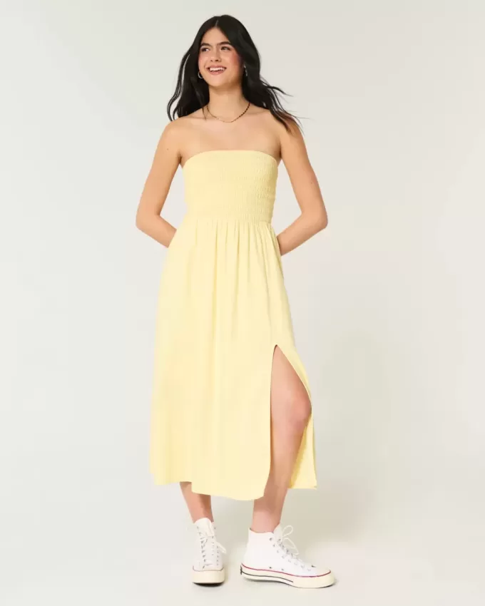 Strapless Linen-Blend Midi Dress