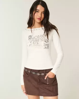 Studded SoHo Graphic Slash-Neck Top