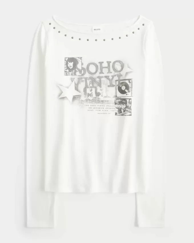 Studded SoHo Graphic Slash-Neck Top Studded SoHo Graphic Slash-Neck Top