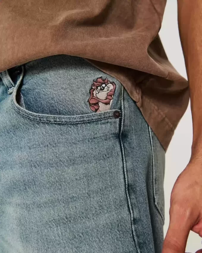 Taz Graphic Medium Wash Super Baggy Denim Shorts