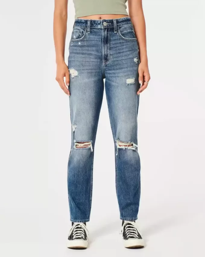 Ultra High-Rise Ripped Medium Wash Mom Jeans