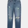 Ultra High-Rise Ripped Medium Wash Mom Jeans