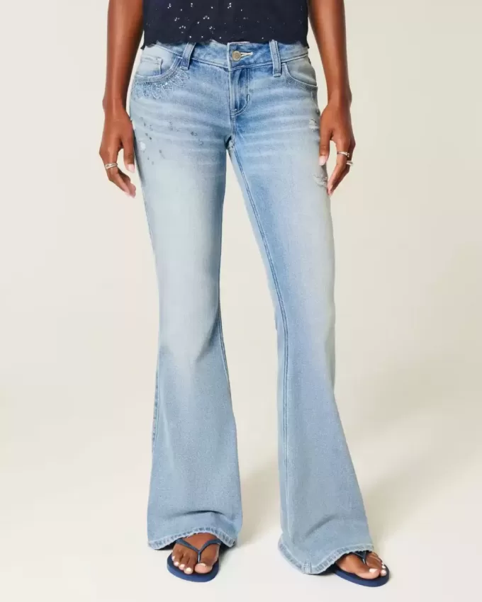 Ultra Low-Rise Distressed Light Wash Sequin Flare Jeans