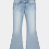 Ultra Low-Rise Distressed Light Wash Sequin Flare Jeans