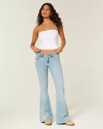 Ultra Low-Rise Light Wash Floral Embroidery Flare Jeans