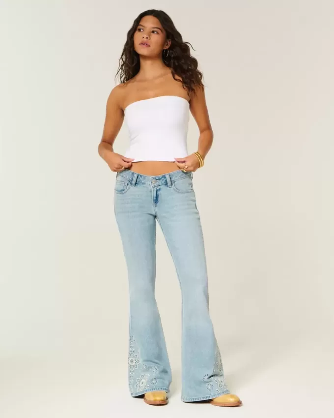 Ultra Low-Rise Light Wash Floral Embroidery Flare Jeans
