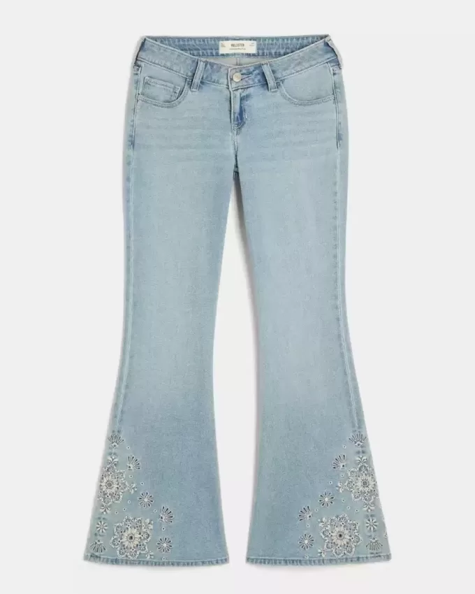 Ultra Low-Rise Light Wash Floral Embroidery Flare Jeans
