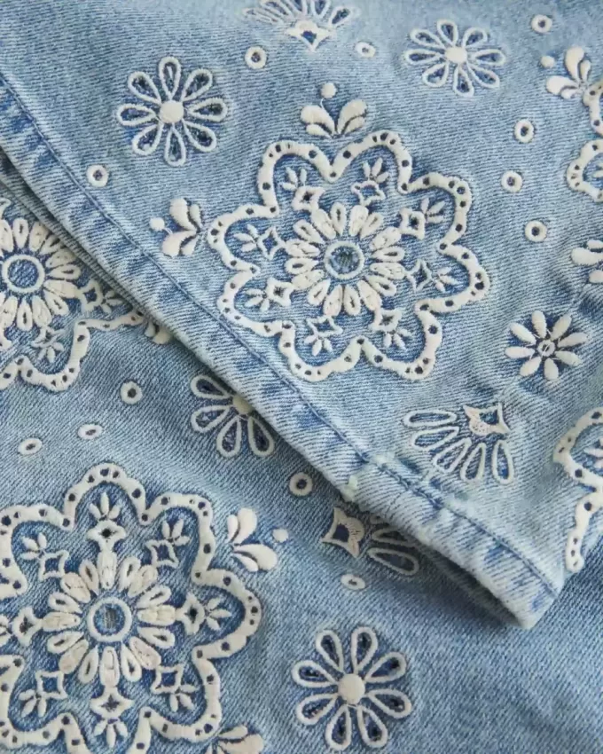 Ultra Low-Rise Light Wash Floral Embroidery Flare Jeans