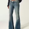 Ultra Low-Rise Medium Wash Embroidered Flare Jeans