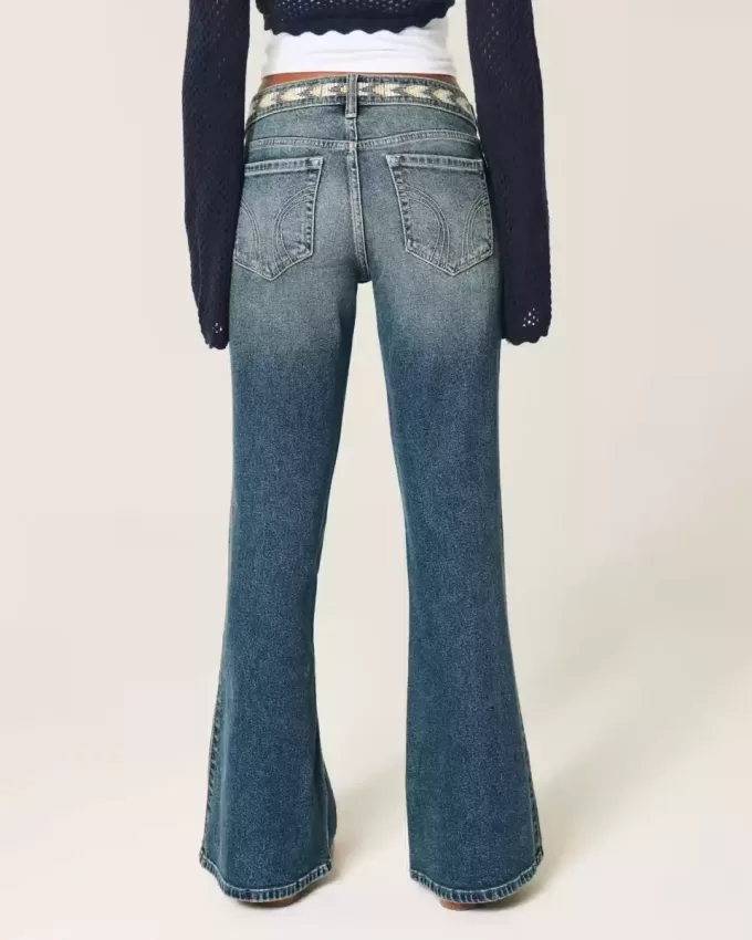 Ultra Low-Rise Medium Wash Embroidered Flare Jeans