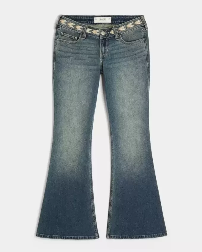 Ultra Low-Rise Medium Wash Embroidered Flare Jeans