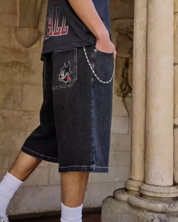 Washed Black Cat Graphic Super Baggy Denim Shorts