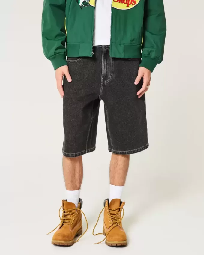 Washed Black Cat Graphic Super Baggy Denim Shorts