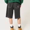 Washed Black Cat Graphic Super Baggy Denim Shorts