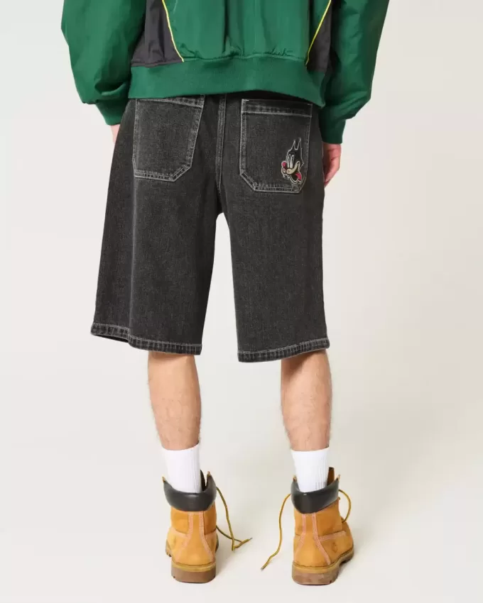 Washed Black Cat Graphic Super Baggy Denim Shorts