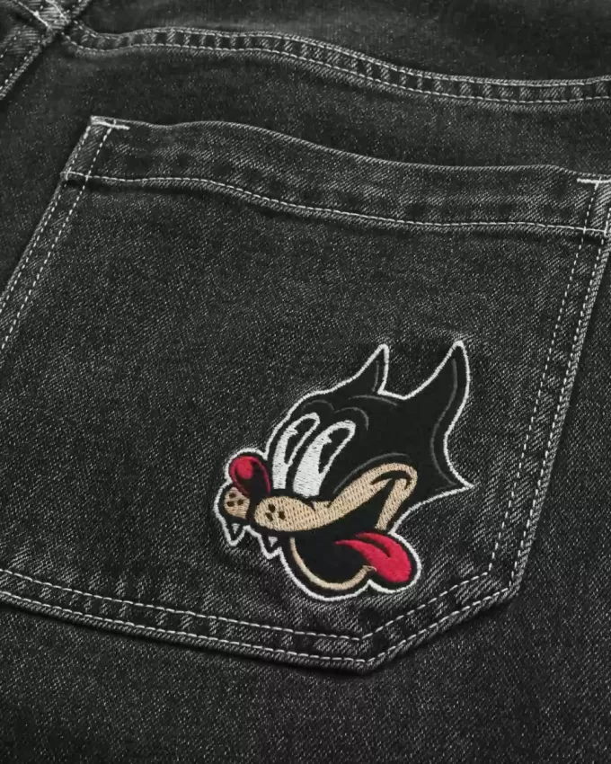 Washed Black Cat Graphic Super Baggy Denim Shorts