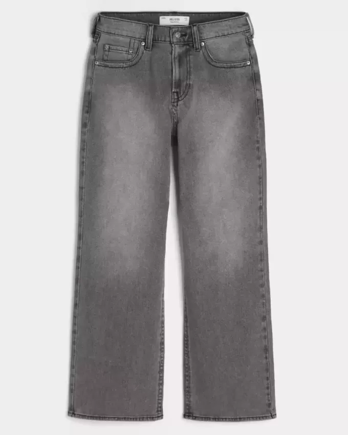 Washed Black Embroidered Baggy Bootcut Jeans