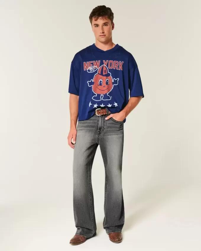 Washed Black Embroidered Baggy Bootcut Jeans