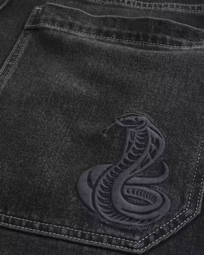 Washed Black Embroidered Snake Skater Baggy Jeans