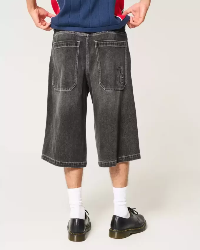 Washed Black Half-Length Skater Baggy Jeans